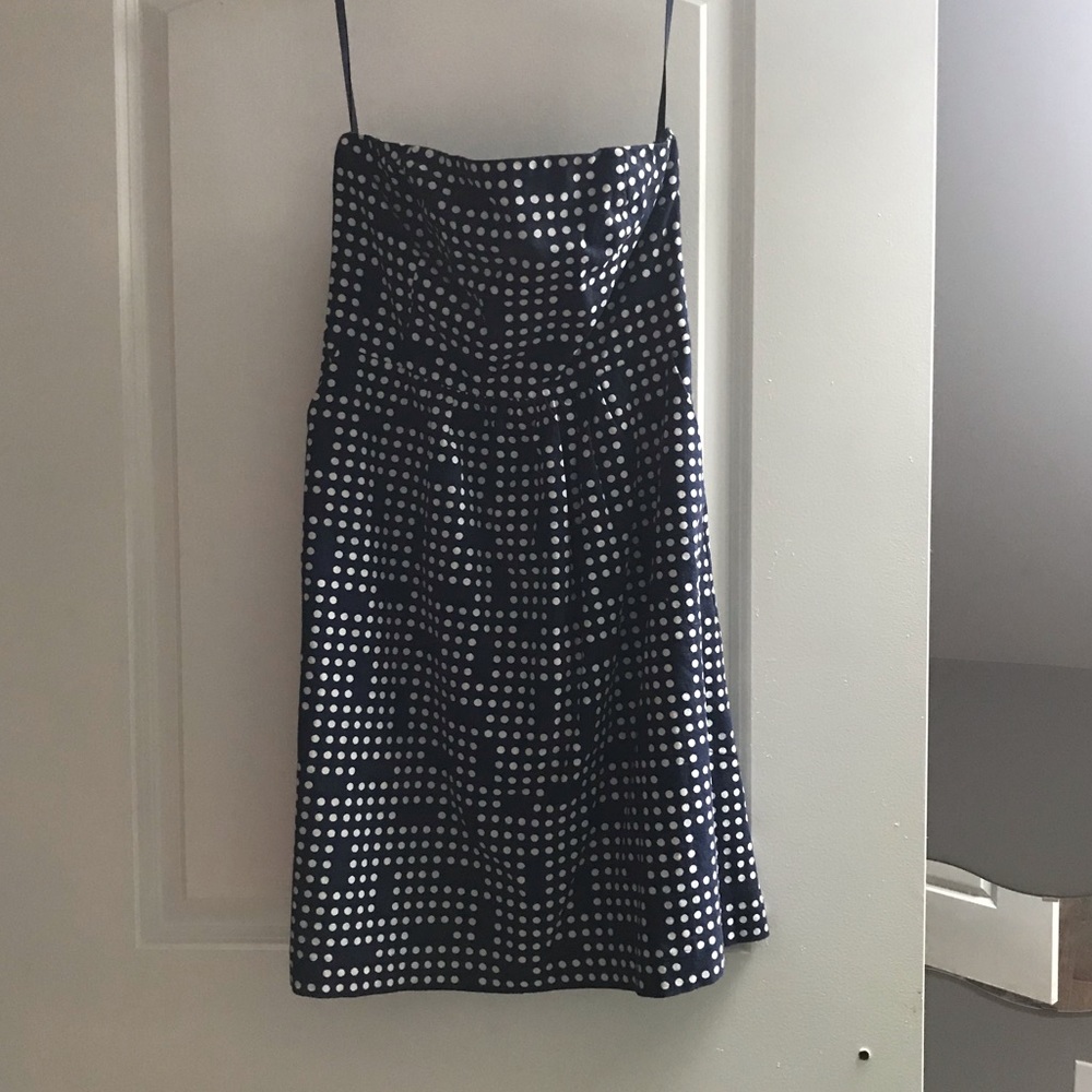 Strapless linen-blend graphic print dress